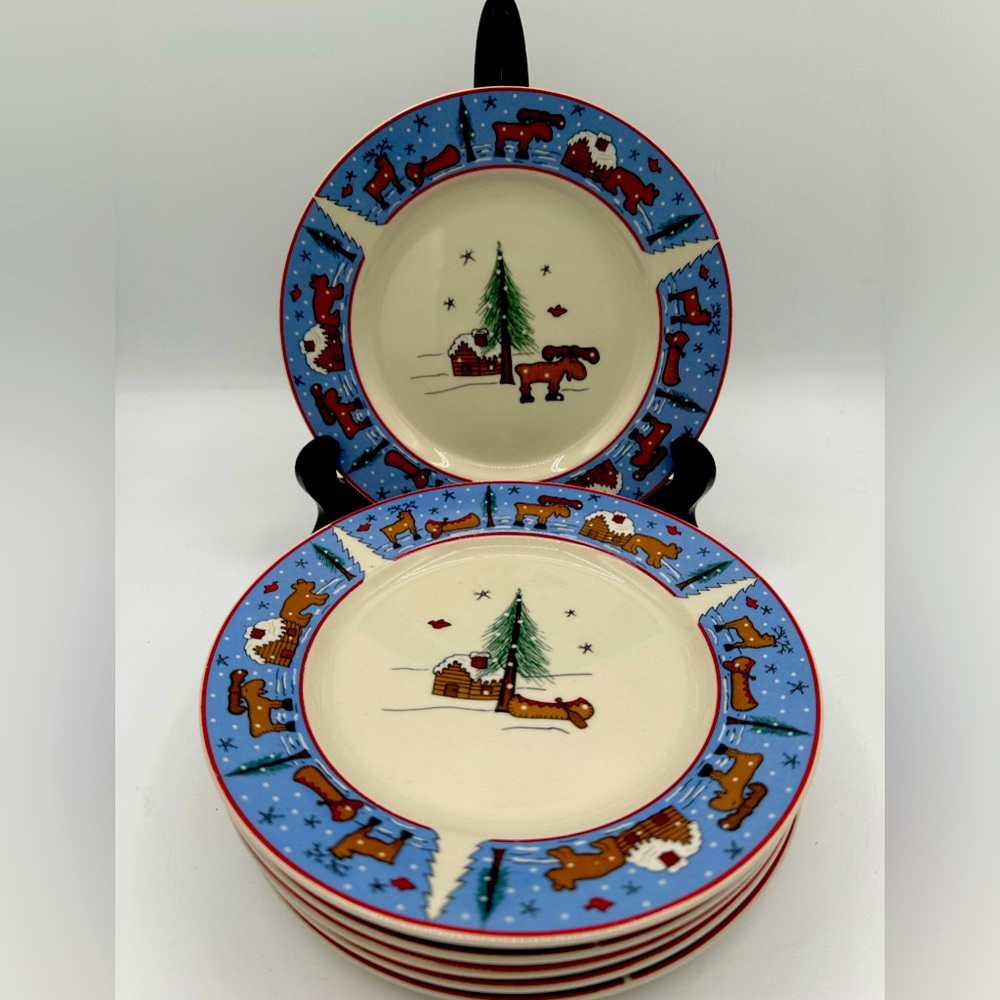 Pine Lodge Salad Dessert Plate 7" Cambridge MEIWA 1997 Stoneware Blue Set Of 6